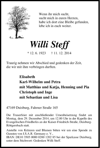 Traueranzeige von Willi Steff von Tageszeitung