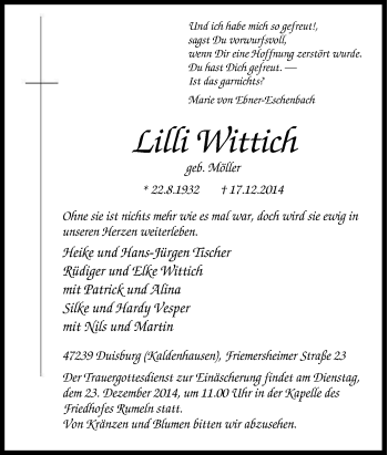 Traueranzeige von Lilli Wittich von Tageszeitung