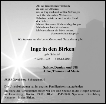 Traueranzeige von Inge in den Birken von Tageszeitung