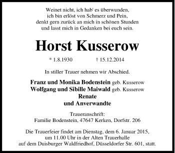 Traueranzeige von Horst Kusserow von Tageszeitung
