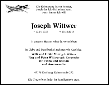 Traueranzeige von Joseph Wittwer von Tageszeitung