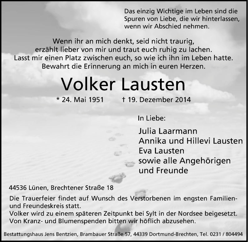  Traueranzeige für Volker Lausten vom 27.12.2014 aus Tageszeitung