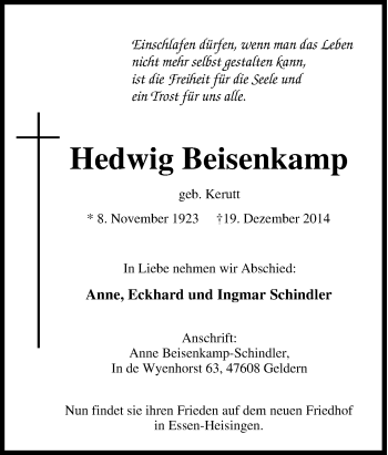 Traueranzeige von Hedwig Beisenkamp von Tageszeitung
