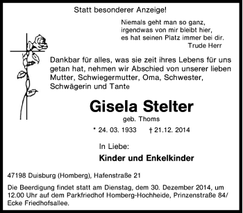 Traueranzeige von Gisela Stelter von Tageszeitung