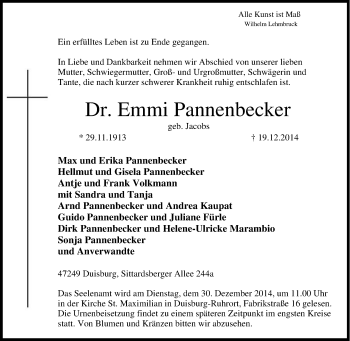 Traueranzeige von Emmi Pannenbecker von Tageszeitung