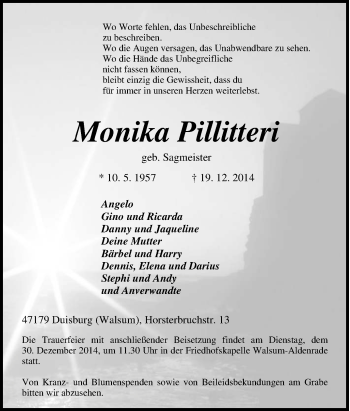 Traueranzeige von Monika Pillitteri von Tageszeitung