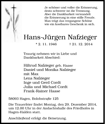 Traueranzeige von Hans-Jürgen Nafzieger von Tageszeitung