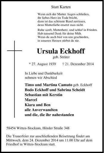 Traueranzeige von Ursula Eckhoff von Tageszeitung