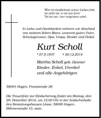 Traueranzeige von Kurt Scholl von Tageszeitung