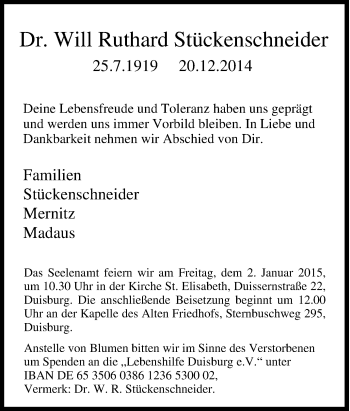 Traueranzeige von Will Ruthard  Stückenschneider von Tageszeitung
