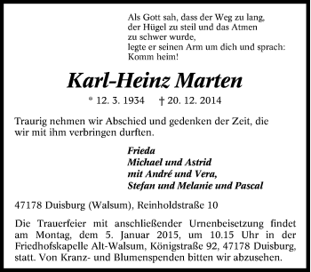 Traueranzeige von Karl-Heinz  Marten von Tageszeitung