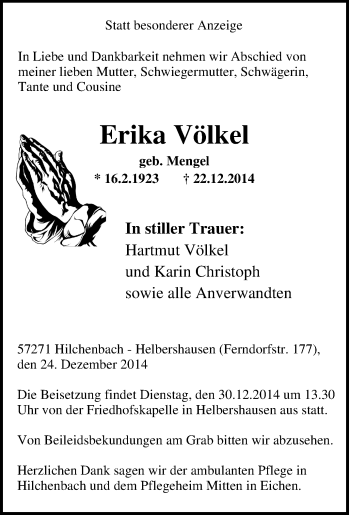 Traueranzeige von Erika Völkel von Tageszeitung