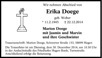 Traueranzeige von Erika Doege von Tageszeitung