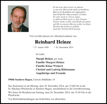 Traueranzeige von Reinhard Heinze von Tageszeitung