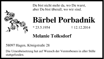 Traueranzeige von Bärbel Porbadnik von Tageszeitung