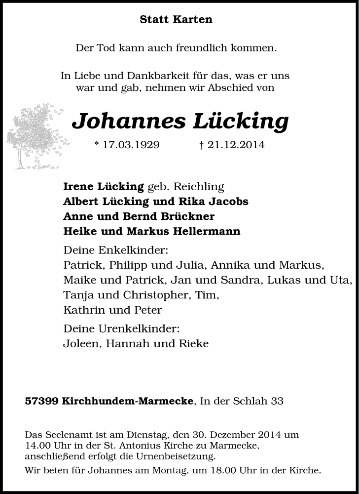  Traueranzeige für Johannes Lücking vom 27.12.2014 aus Tageszeitung