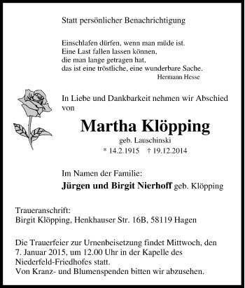 Traueranzeige von Martha Klöpping von Tageszeitung