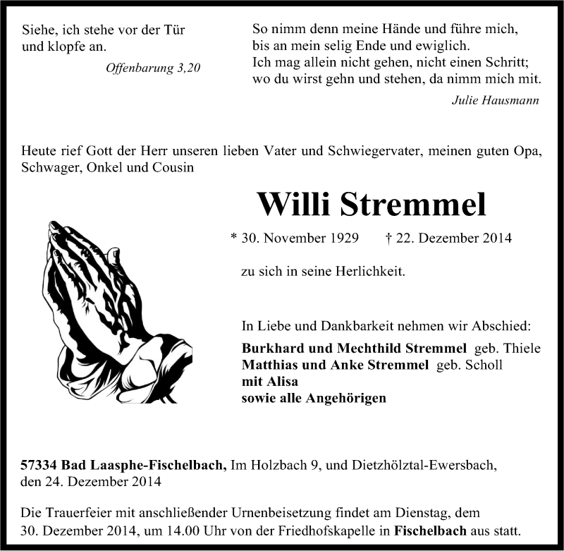  Traueranzeige für Willi Stremmel vom 24.12.2014 aus Tageszeitung