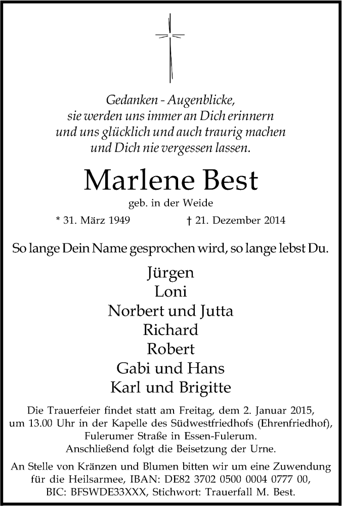  Traueranzeige für Marlene Best vom 29.12.2014 aus Tageszeitung