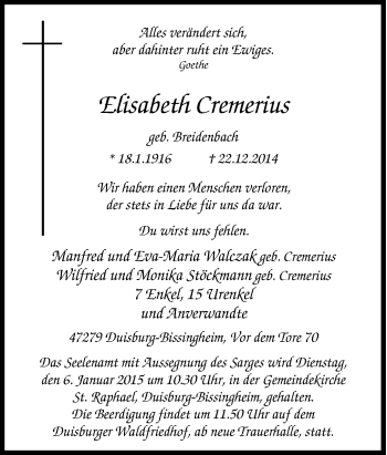 Traueranzeige von Elisabeth Cremerius von Tageszeitung