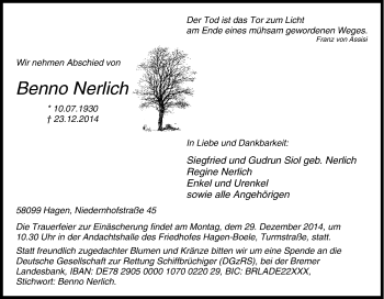 Traueranzeige von Benno Nerlich von Tageszeitung