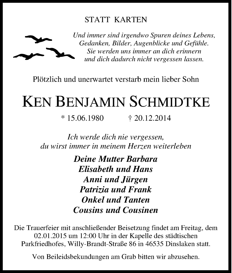  Traueranzeige für Ken Benjamin Schmidtke vom 27.12.2014 aus Tageszeitung