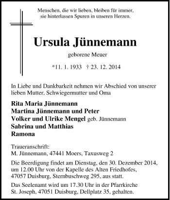 Traueranzeige von Ursula Jünnemann von Tageszeitung