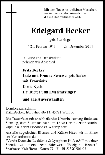 Traueranzeige von Edelgard Becker von Tageszeitung