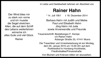Traueranzeige von Rainer Hahn von Tageszeitung
