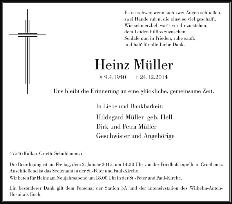  Traueranzeige für Heinz Müller vom 27.12.2014 aus Tageszeitung