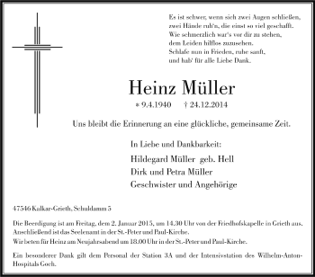 Traueranzeige von Heinz Müller von Tageszeitung