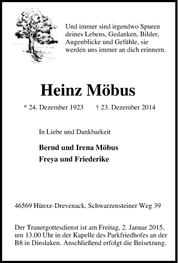 Traueranzeige von Heinz Möbus von Tageszeitung
