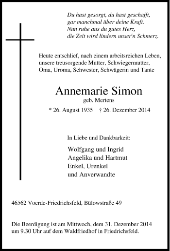 Traueranzeige von Annemarie Simon von Tageszeitung