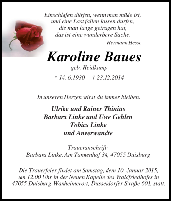 Traueranzeige von Karoline Baues von Tageszeitung