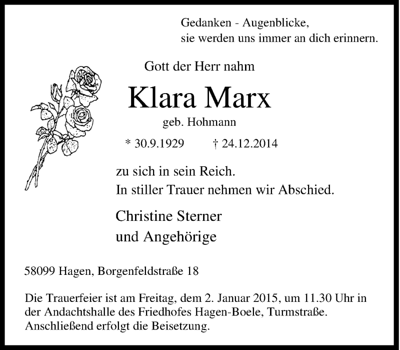  Traueranzeige für Klara Marx vom 29.12.2014 aus Tageszeitung