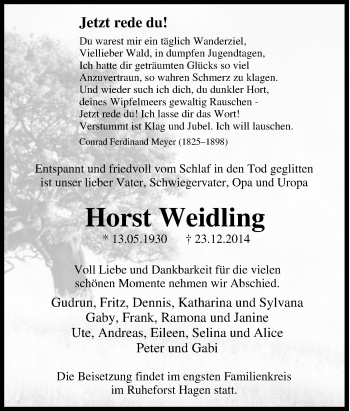 Traueranzeige von Horst Weidling von Tageszeitung