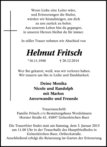 Traueranzeige von Helmut Fritsch von Tageszeitung