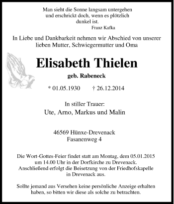 Traueranzeige von Elisabeth Thielen von Tageszeitung
