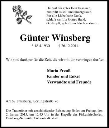 Traueranzeige von Günter Winsberg von Tageszeitung