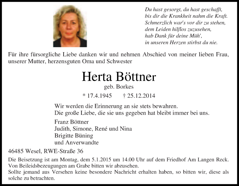  Traueranzeige für Herta Böttner vom 30.12.2014 aus Tageszeitung