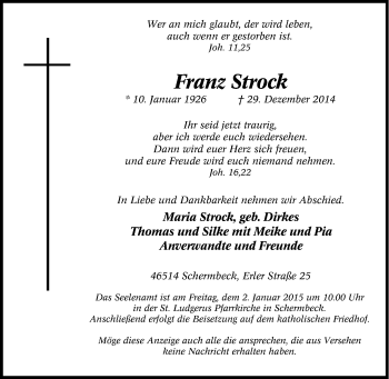 Traueranzeige von Franz Strock von Tageszeitung