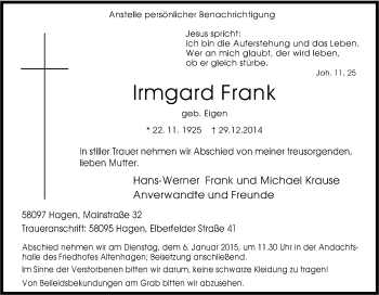 Traueranzeige von Irmgard Frank von Tageszeitung