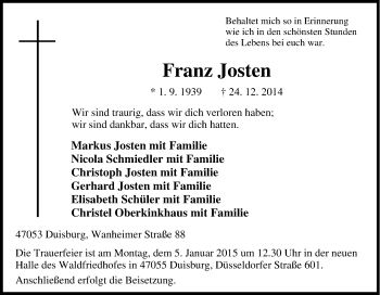 Traueranzeige von Franz Josten von Tageszeitung