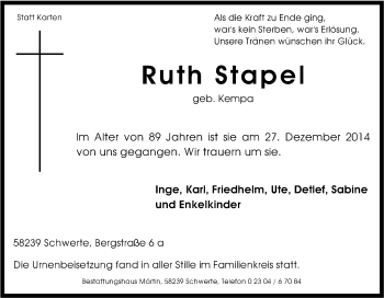 Traueranzeige von Ruth Stapel von Tageszeitung