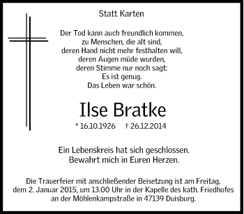 Traueranzeige von Ilse Bratke von Tageszeitung