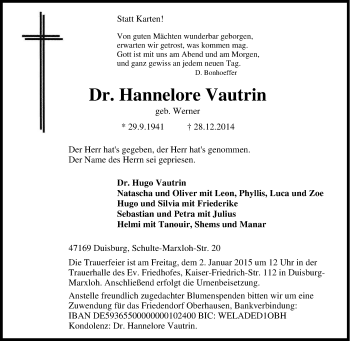 Traueranzeige von Hannelore Vautrin von Tageszeitung