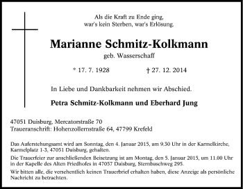 Traueranzeige von Marianne Schmitz-Kolkmann von Tageszeitung