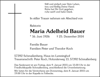 Traueranzeige von Maria Adelheid Bauer von Tageszeitung