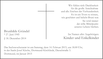 Traueranzeige von Brunhilde Gründel von Tageszeitung