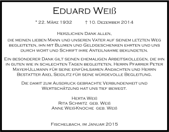 Traueranzeige von Eduard Weiß von Tageszeitung